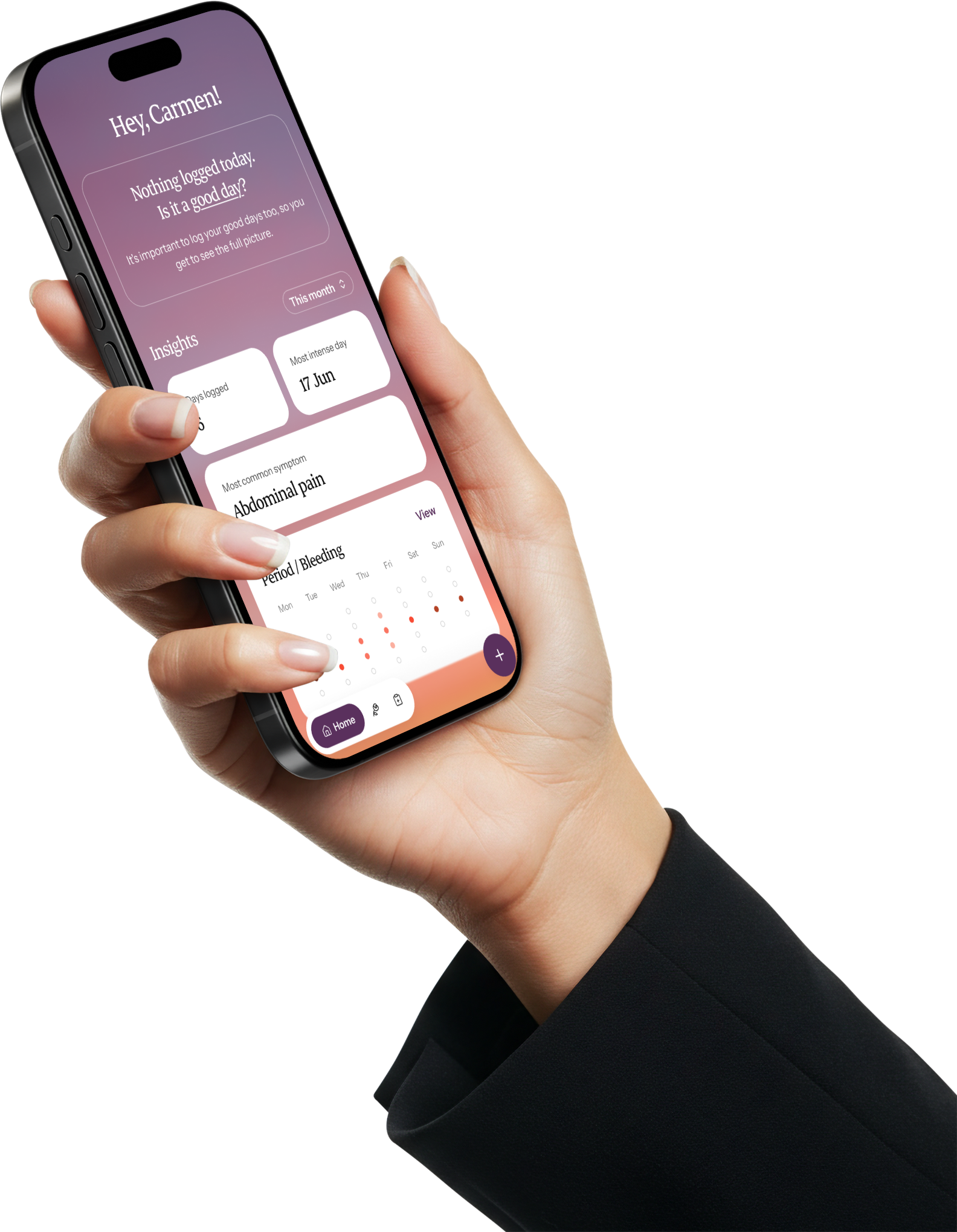 A hand holding a phone showing the Endo Journal app